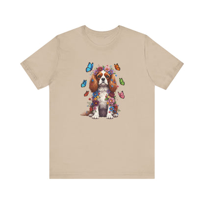 Whimsical Floral Cavalier King Charles Spaniel Tee – Colorful Dog Lover Shirt with Butterflies