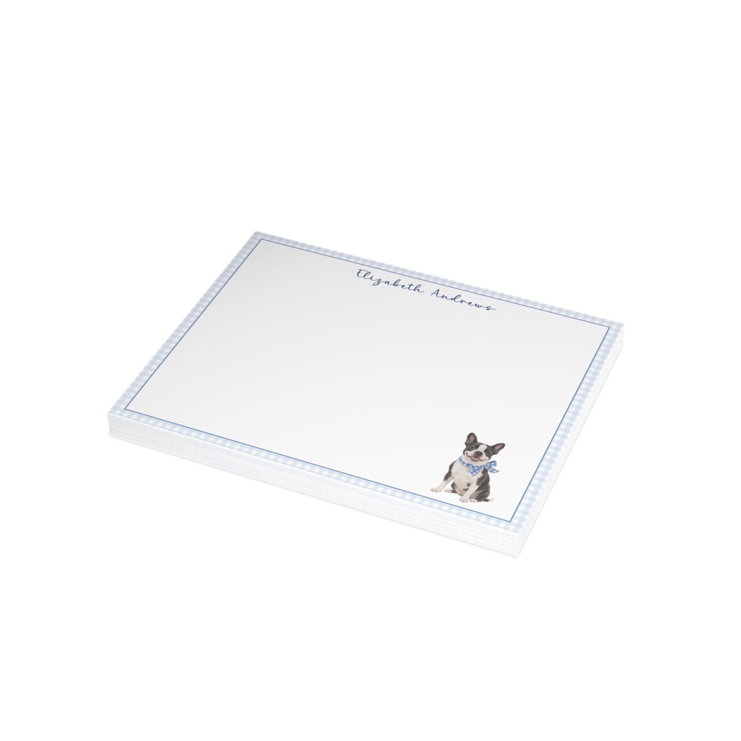 Boston Terrier Dog Blue Gingham Personalized Notecard Set