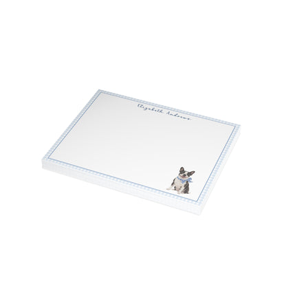 Boston Terrier Dog Blue Gingham Personalized Notecard Set