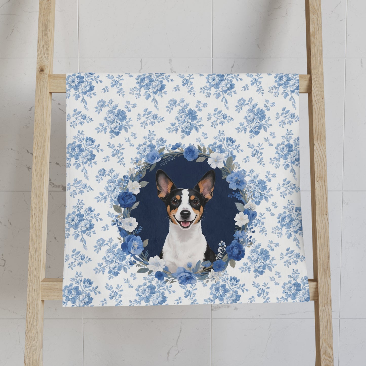 Blue Floral Rat Terrier Dog Portrait Hand Towel – Cute Pet Bathroom Accessory