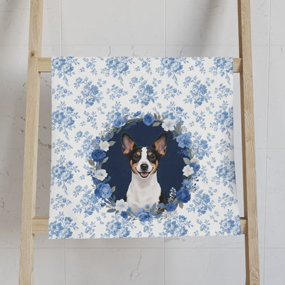 Blue Floral Rat Terrier Dog Portrait Hand Towel – Cute Pet Bathroom Accessory