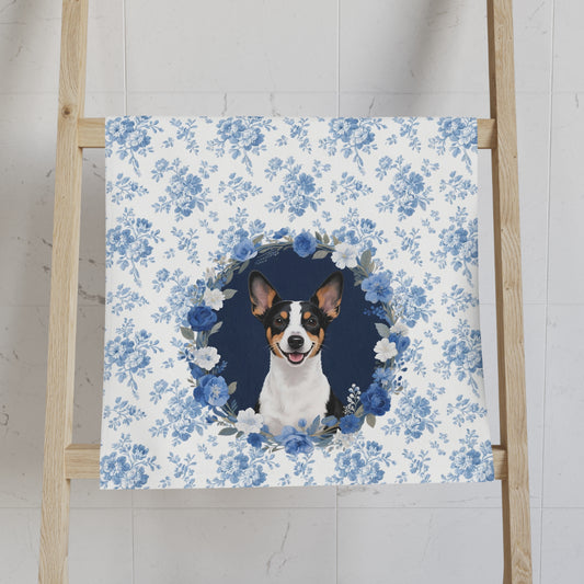 Blue Floral Rat Terrier Dog Portrait Hand Towel – Cute Pet Bathroom Accessory