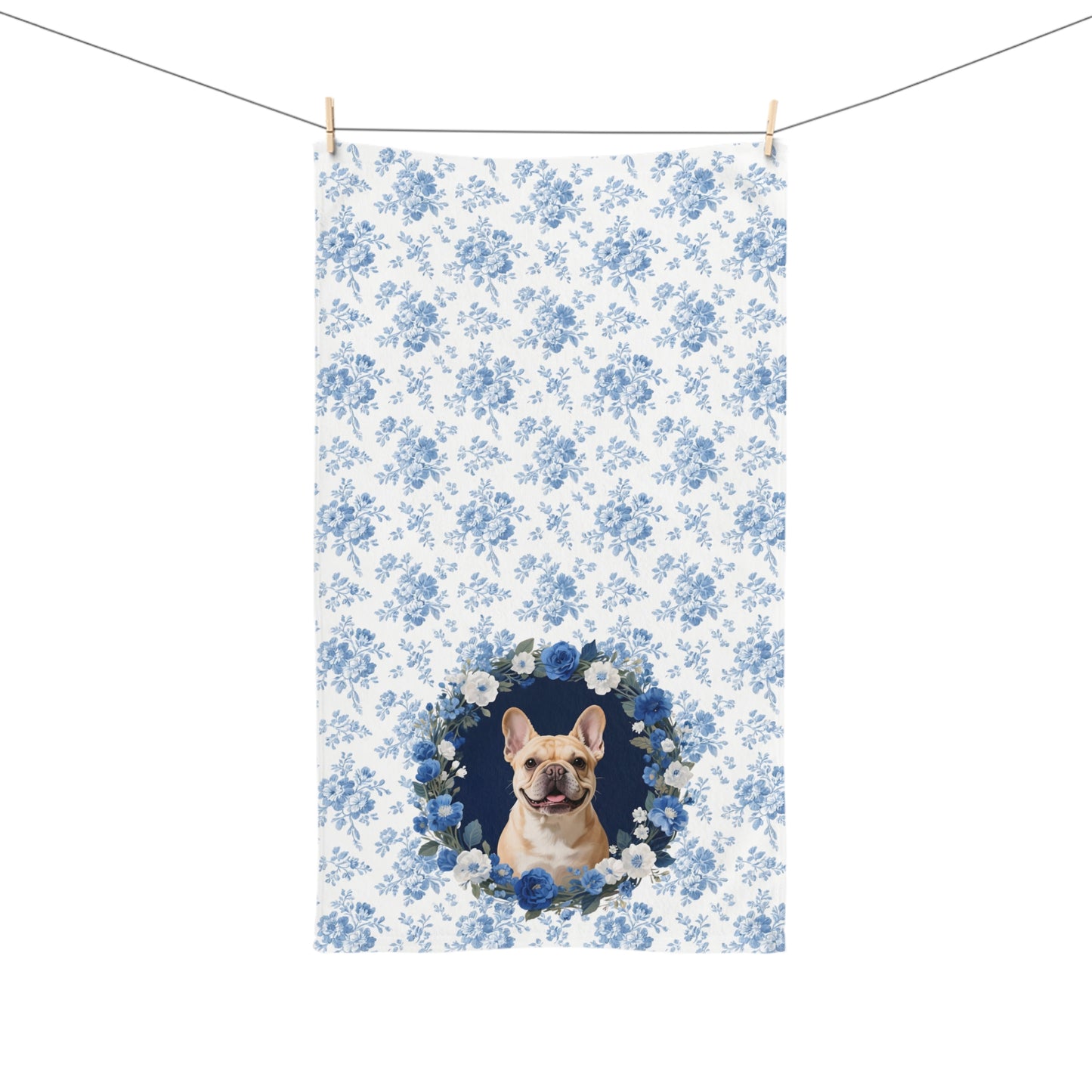 Blue Floral Fawn French Bulldog Portrait Hand Towel – Cute Pet Bathroom Accessory