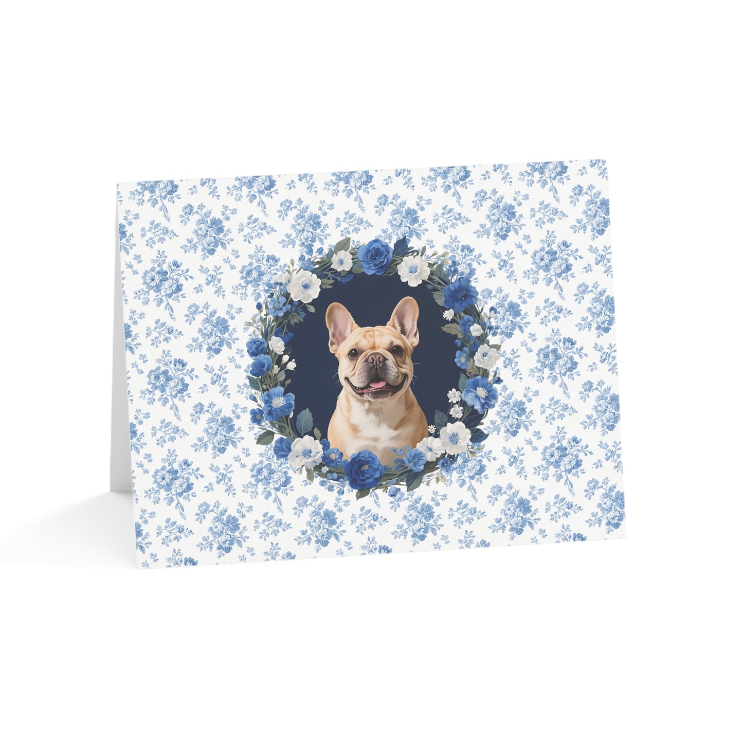 Fawn French Bulldog Blue Floral Greeting Card Set