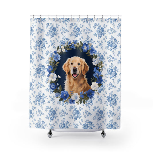 Golden Retriever Dog Blue Floral Shower Curtain – Dog Portrait Bath Decor