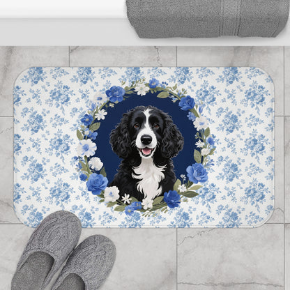 Blue Floral Portie Bath Mat – Cute Portuguese Water Dog Bathroom Rug