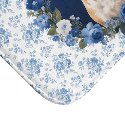 Blue Floral Pitbull Bath Mat – Cute Pitbull Dog Bathroom Rug
