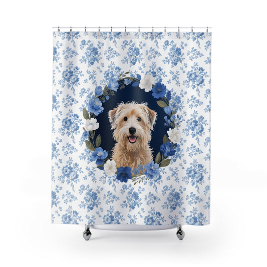 Wheaten Terrier Dog Blue Floral Shower Curtain – Dog Portrait Bath Decor