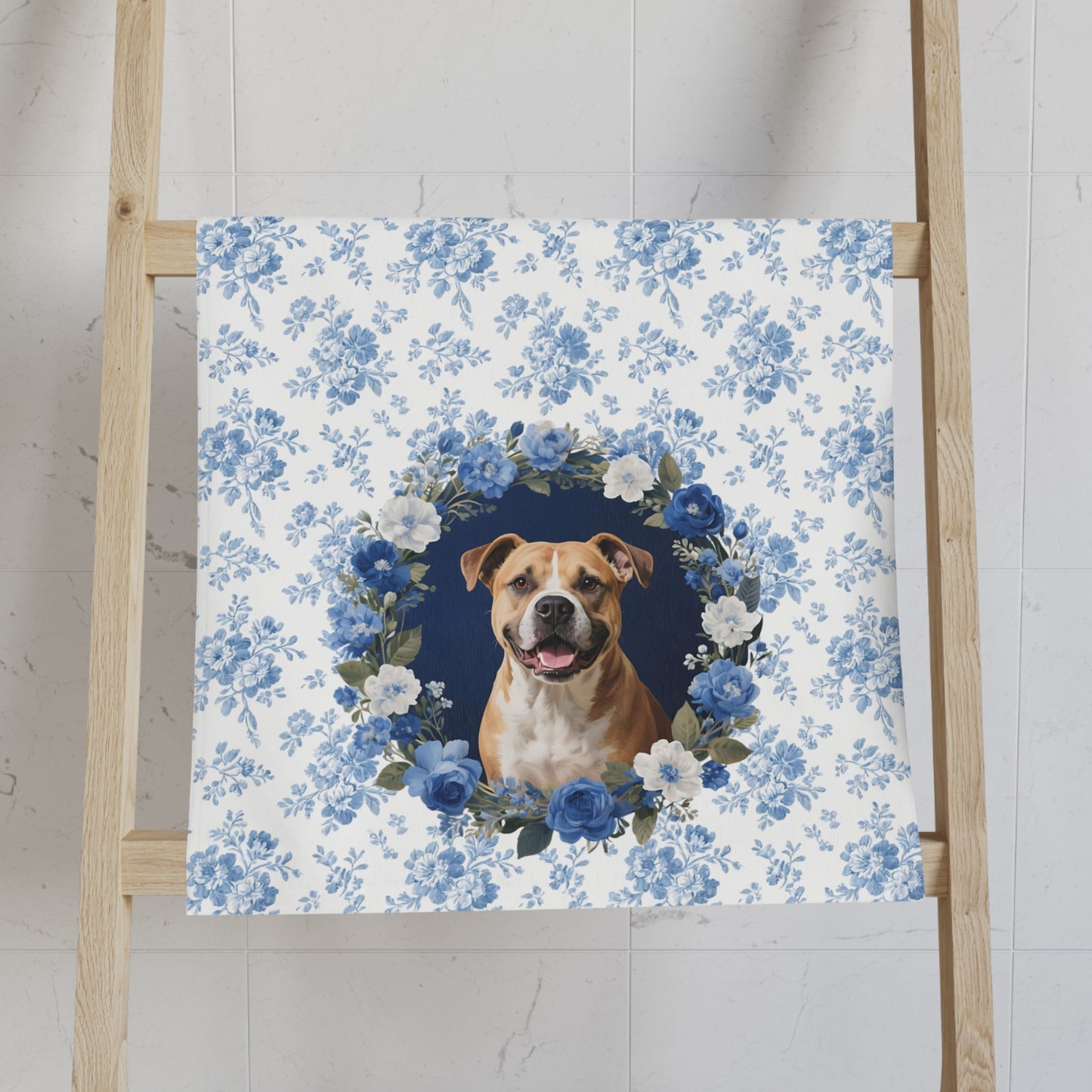 Blue Floral Pitbull Dog Portrait Hand Towel – Cute Pet Bathroom Accessory