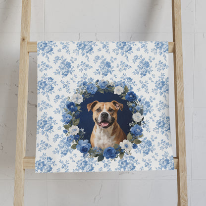 Blue Floral Pitbull Dog Portrait Hand Towel – Cute Pet Bathroom Accessory