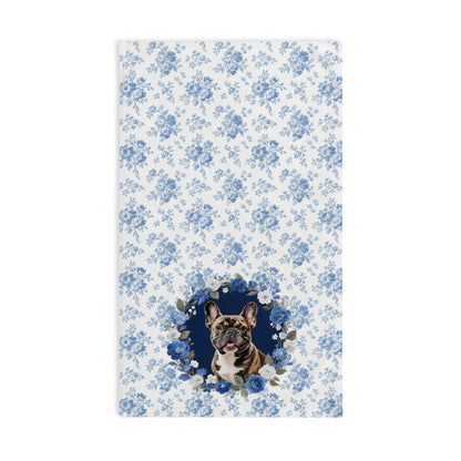 Blue Floral Brindle French Bulldog Portrait Hand Towel – Cute Pet Bathroom Accessory
