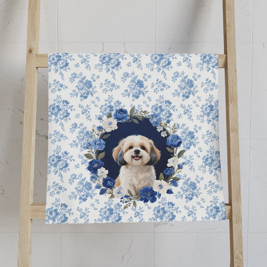 Blue Floral Shih Tzu Dog Portrait Hand Towel – Cute Pet Bathroom Accessory
