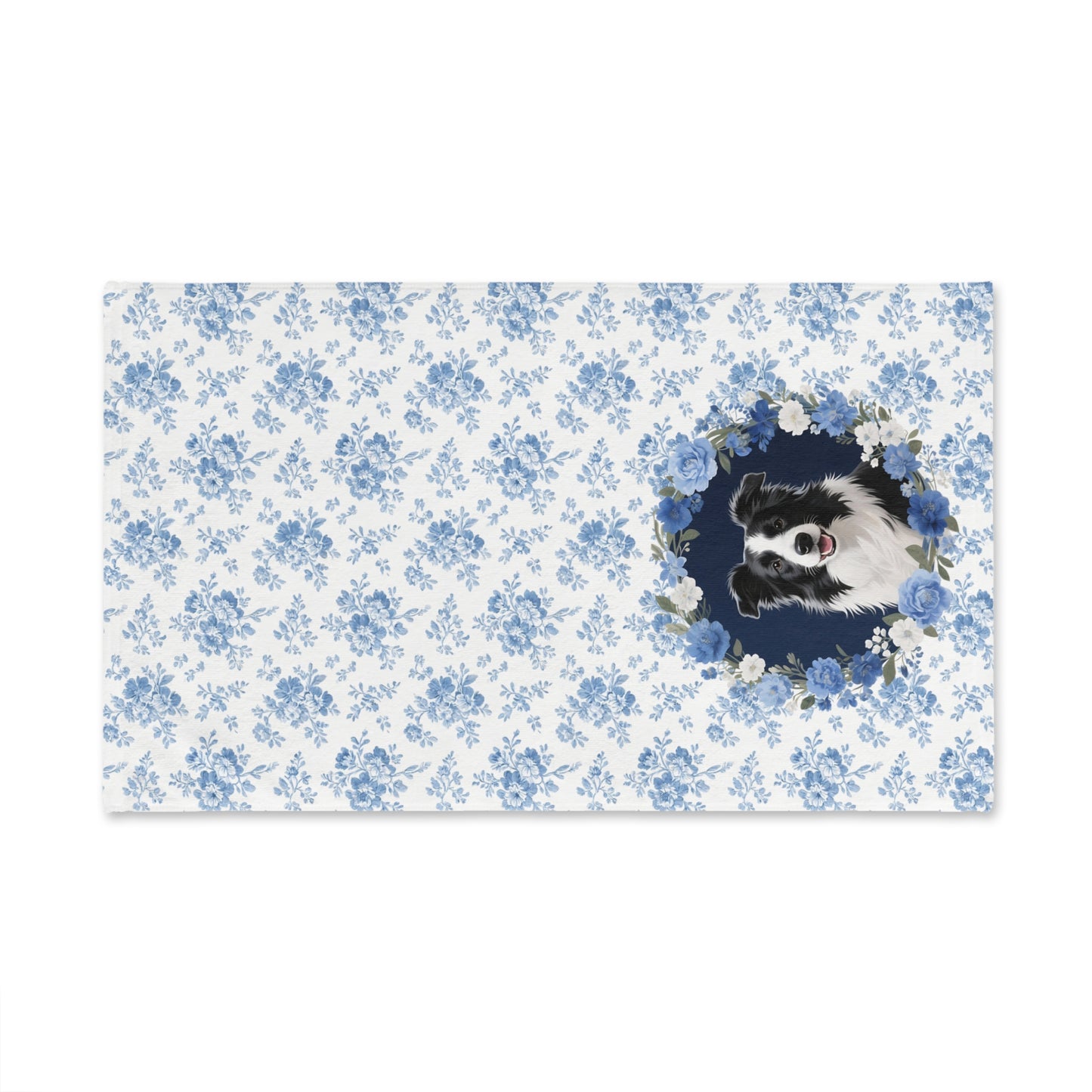 Blue Floral Border Collie Dog Portrait Hand Towel – Cute Pet Bathroom Accessory