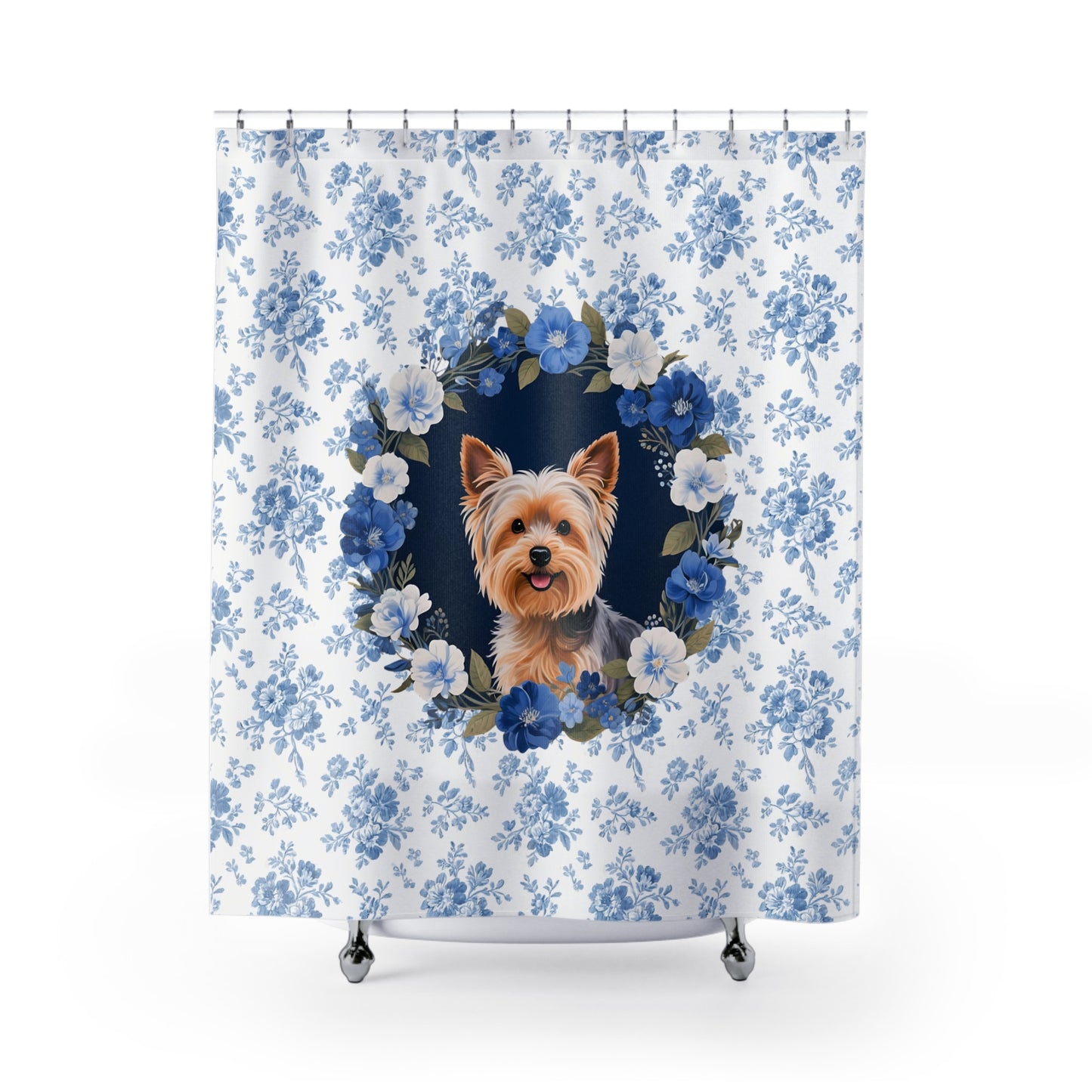 Yorkshire Terrier Dog Blue Floral Shower Curtain – Dog Portrait Bath Decor
