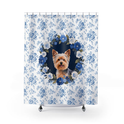 Yorkshire Terrier Dog Blue Floral Shower Curtain – Dog Portrait Bath Decor