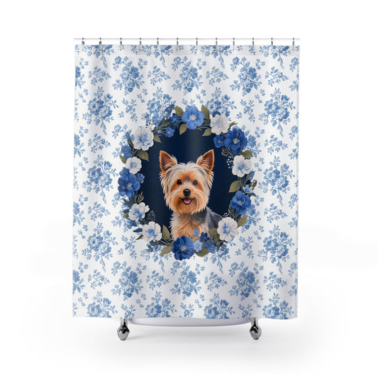 Yorkshire Terrier Dog Blue Floral Shower Curtain – Dog Portrait Bath Decor