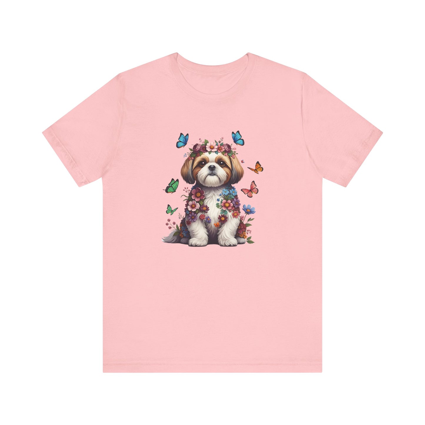 Whimsical Floral Shih Tzu Tee – Colorful Dog Lover Shirt with Butterflies
