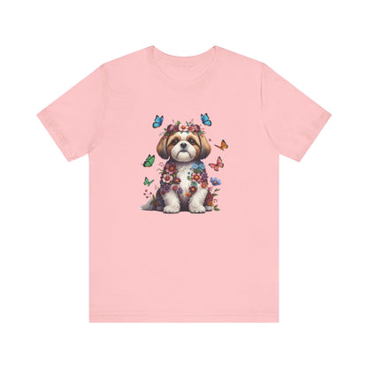 Whimsical Floral Shih Tzu Tee – Colorful Dog Lover Shirt with Butterflies
