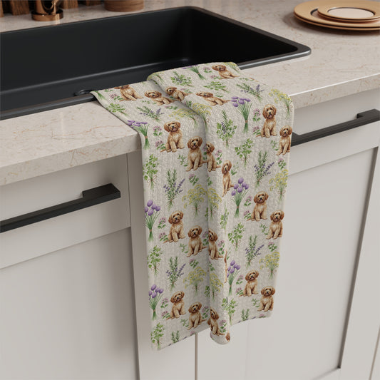 Goldendoodle Dog & Herbs Tea Towel - Floral Dog Kitchen Towel