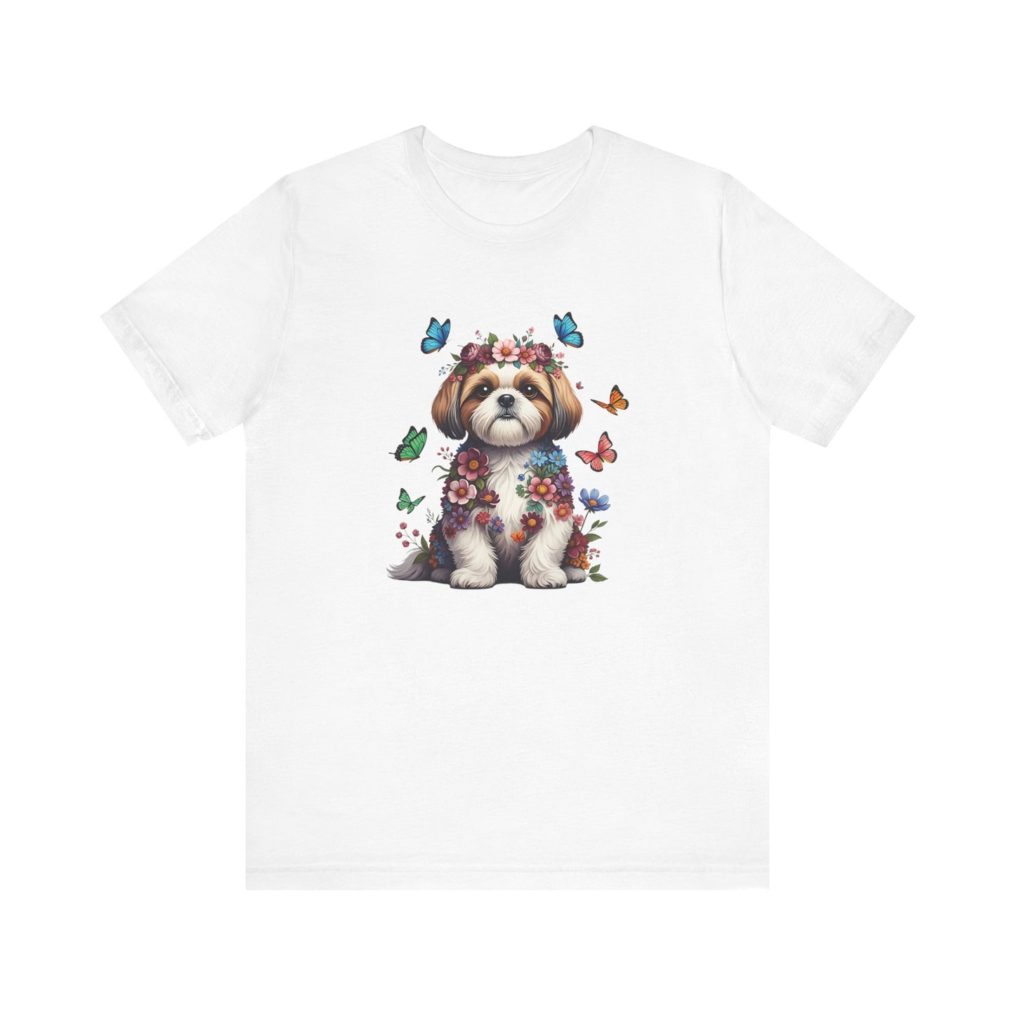 Whimsical Floral Shih Tzu Tee – Colorful Dog Lover Shirt with Butterflies