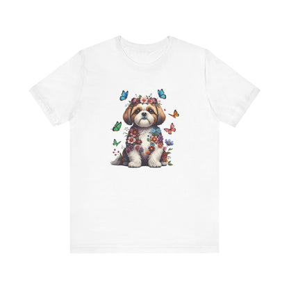 Whimsical Floral Shih Tzu Tee – Colorful Dog Lover Shirt with Butterflies