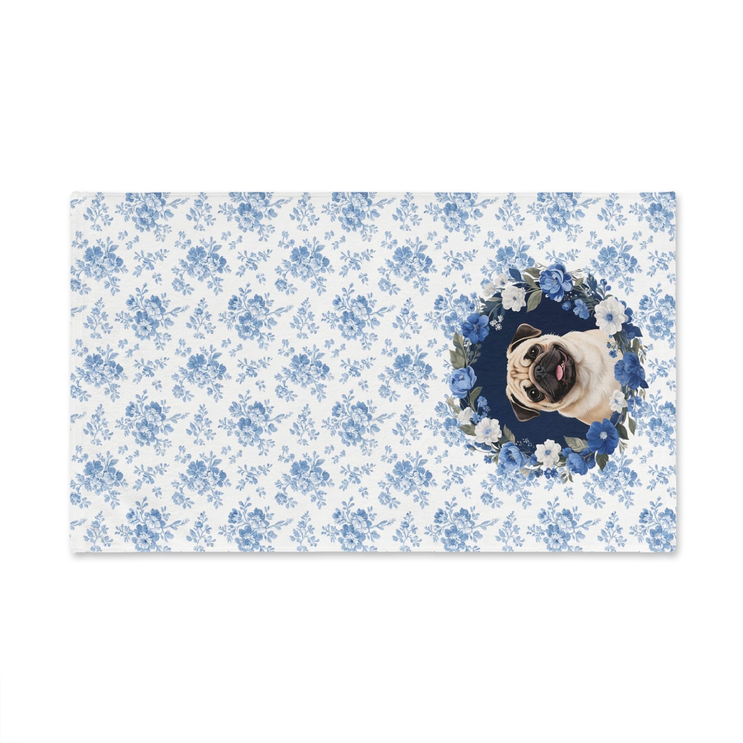 Blue Floral Pug Dog Portrait Hand Towel – Cute Pet Bathroom Accessory