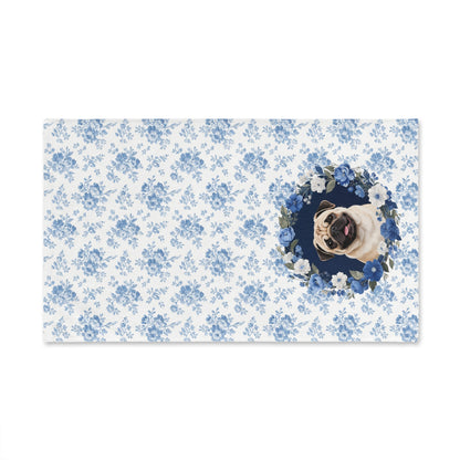 Blue Floral Pug Dog Portrait Hand Towel – Cute Pet Bathroom Accessory