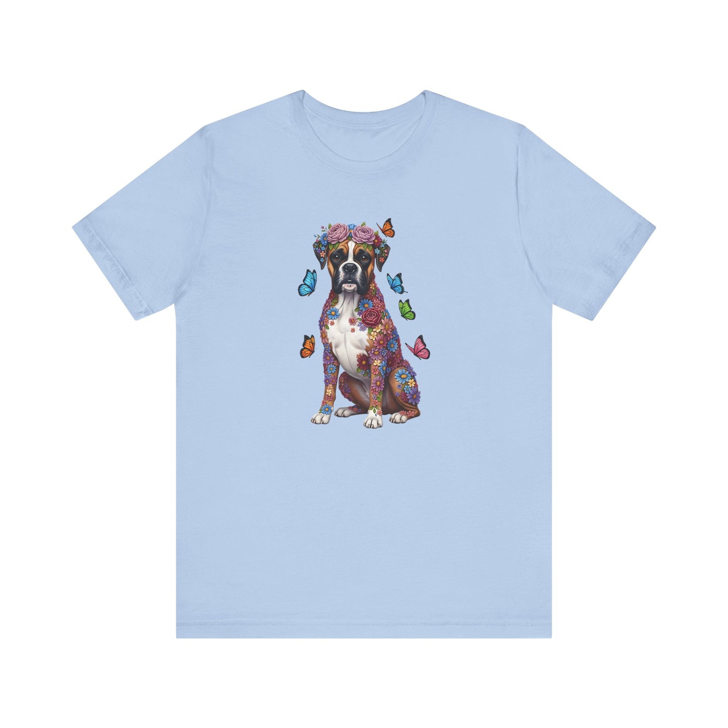 Whimsical Floral Boxer Tee – Colorful Dog Lover Shirt with Butterflies