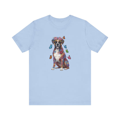 Whimsical Floral Boxer Tee – Colorful Dog Lover Shirt with Butterflies