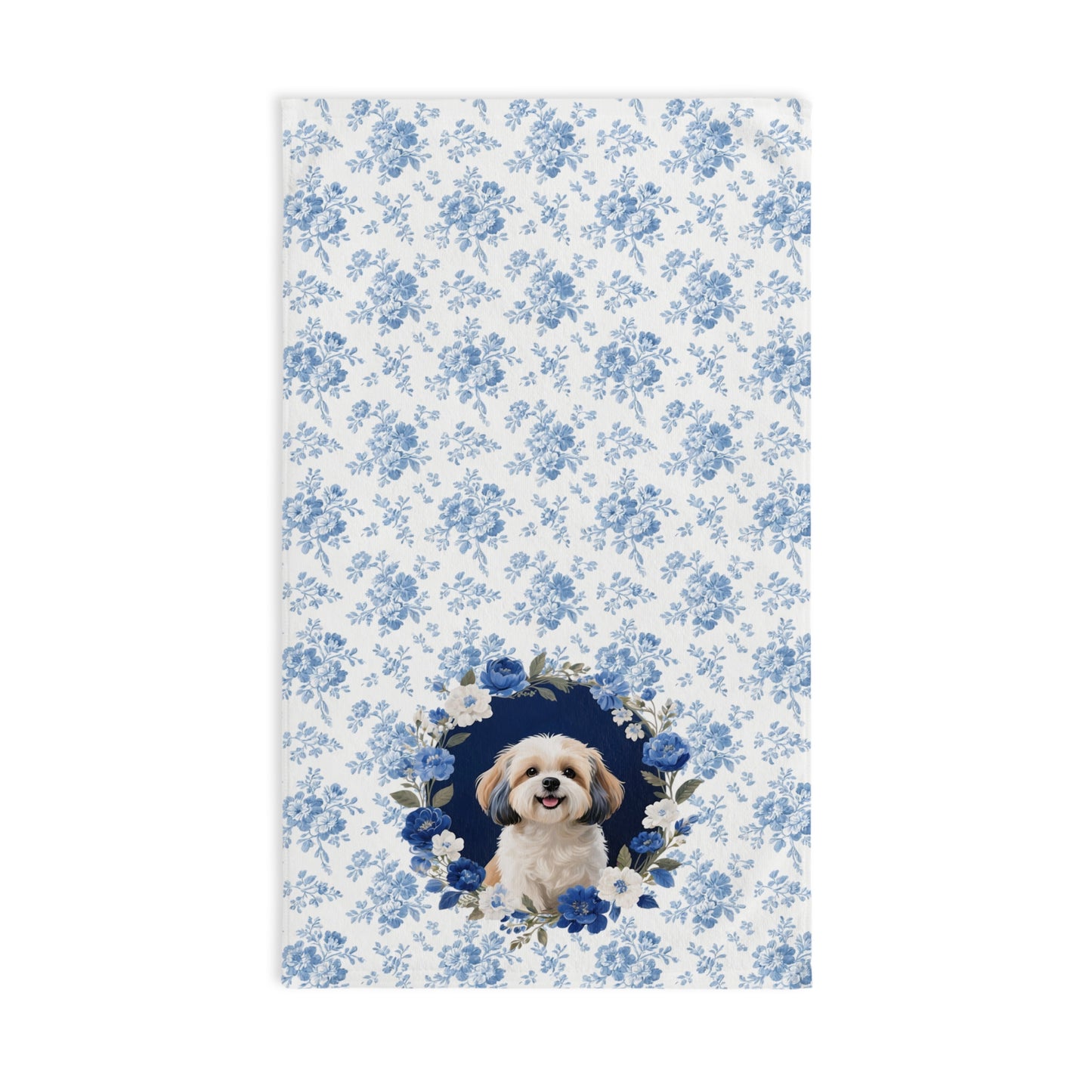 Blue Floral Shih Tzu Dog Portrait Hand Towel – Cute Pet Bathroom Accessory