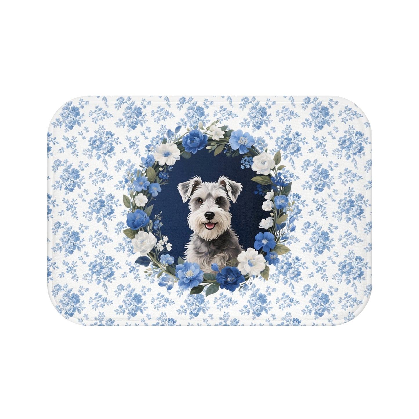Blue Floral Schnauzer Bath Mat – Cute Schnauzer Dog Bathroom Rug