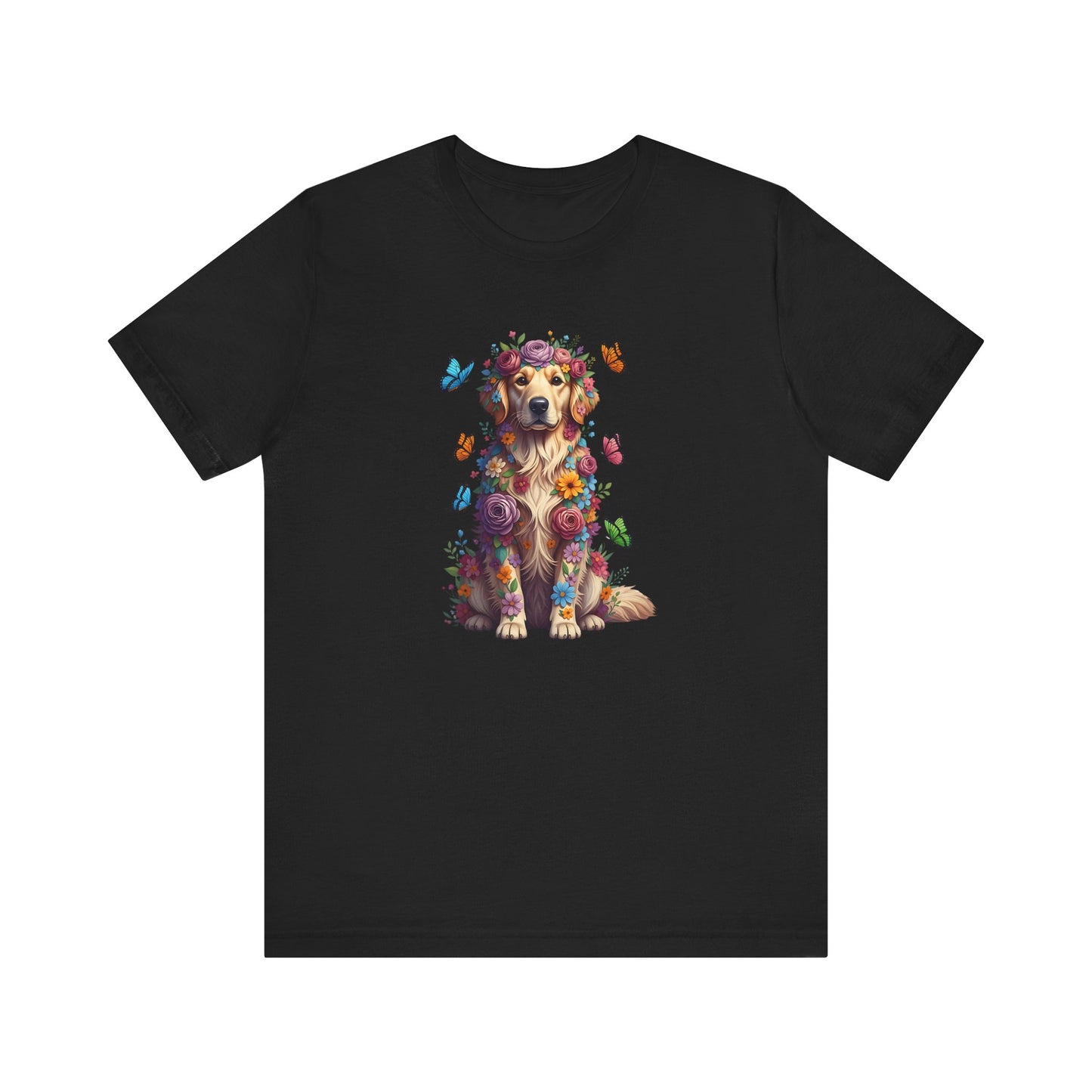 Whimsical Floral Golden Retriever Tee – Colorful Dog Lover Shirt with Butterflies