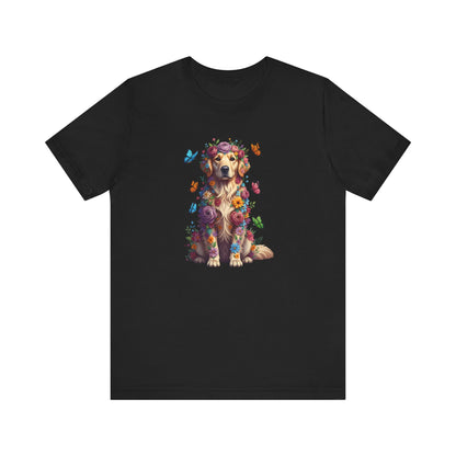Whimsical Floral Golden Retriever Tee – Colorful Dog Lover Shirt with Butterflies