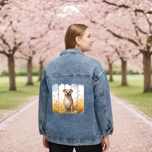 Trendy Pitbull Dog Women's Denim Jacket, Dog Demin Jacket, Gift for Pittie Dog Mom, Gift for Dog Lovers, Fall Dog Style