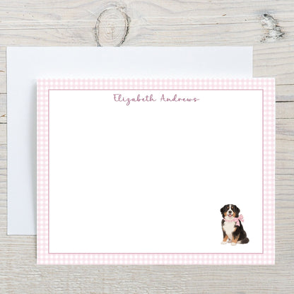 Bernese Mountain Dog Pink Gingham Personalized Notecard Set