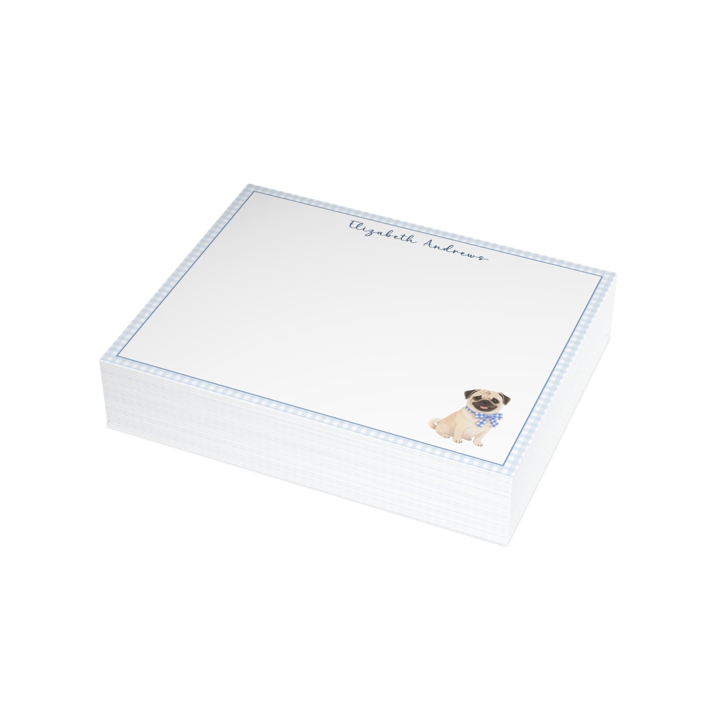 Pug Dog Blue Gingham Personalized Notecard Set