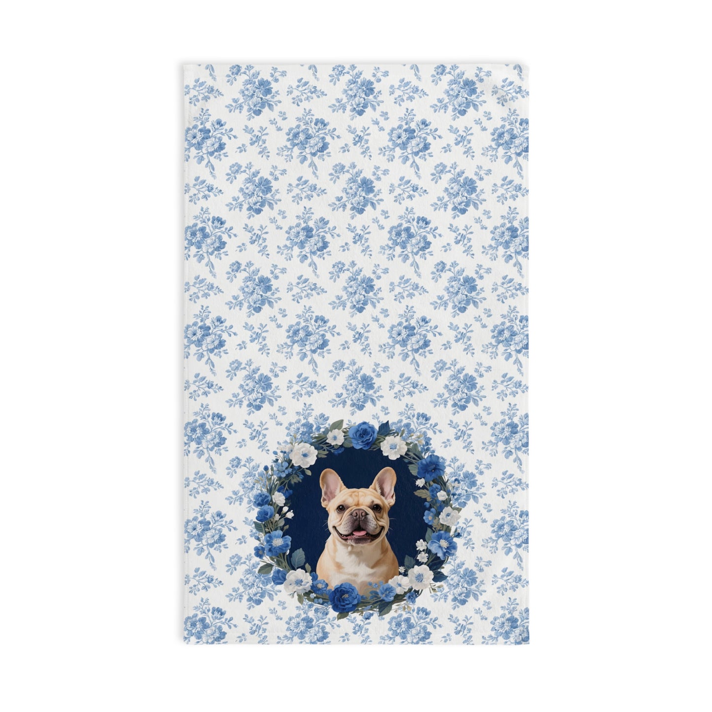 Blue Floral Fawn French Bulldog Portrait Hand Towel – Cute Pet Bathroom Accessory