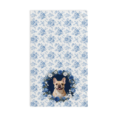 Blue Floral Fawn French Bulldog Portrait Hand Towel – Cute Pet Bathroom Accessory