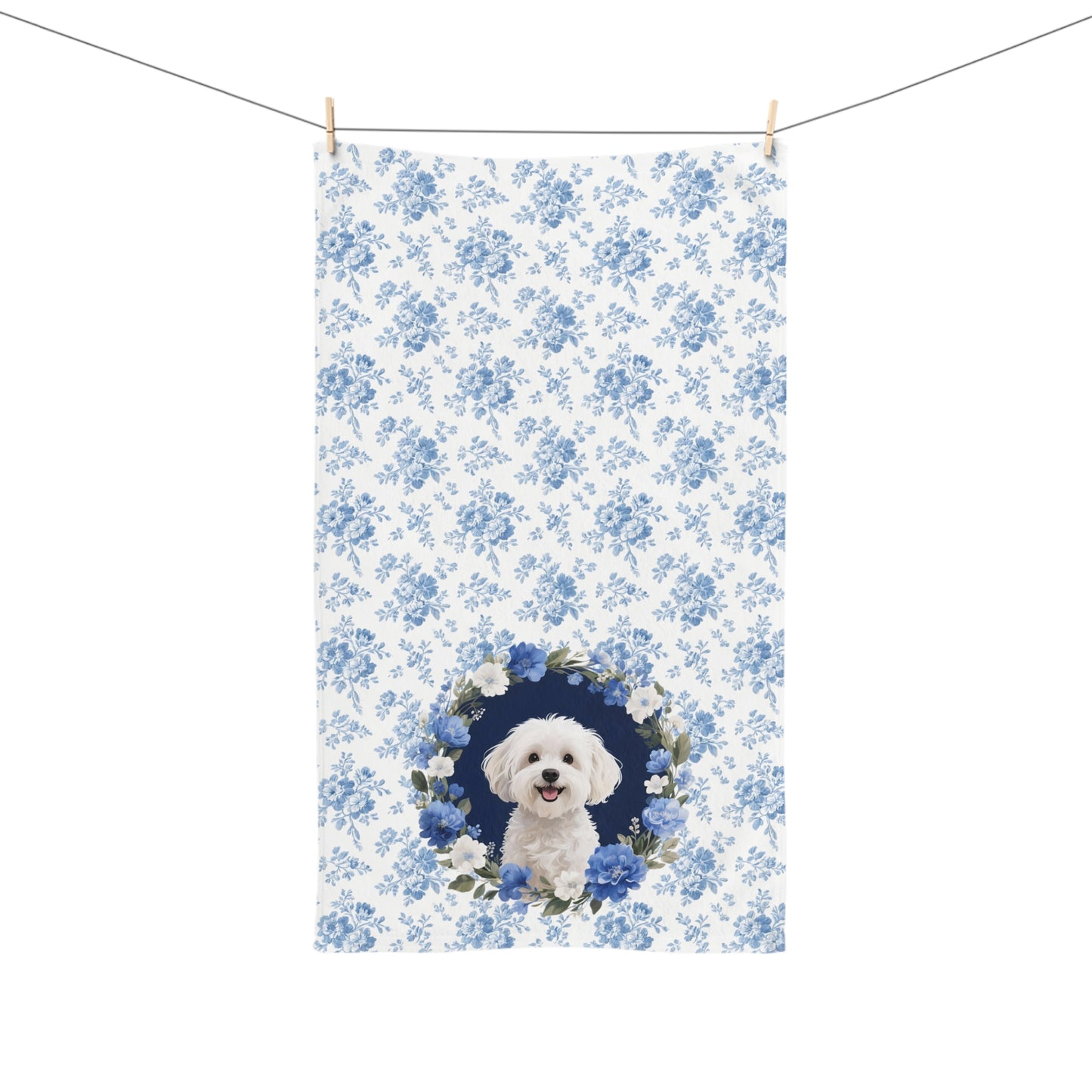 Blue Floral Maltese Dog Portrait Hand Towel – Cute Pet Bathroom Accessory