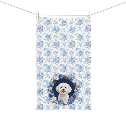 Blue Floral Maltese Dog Portrait Hand Towel – Cute Pet Bathroom Accessory