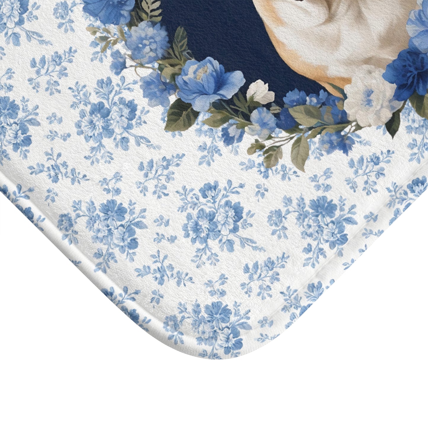 Blue Floral Bulldog Bath Mat – Cute English Bulldog Bathroom Rug