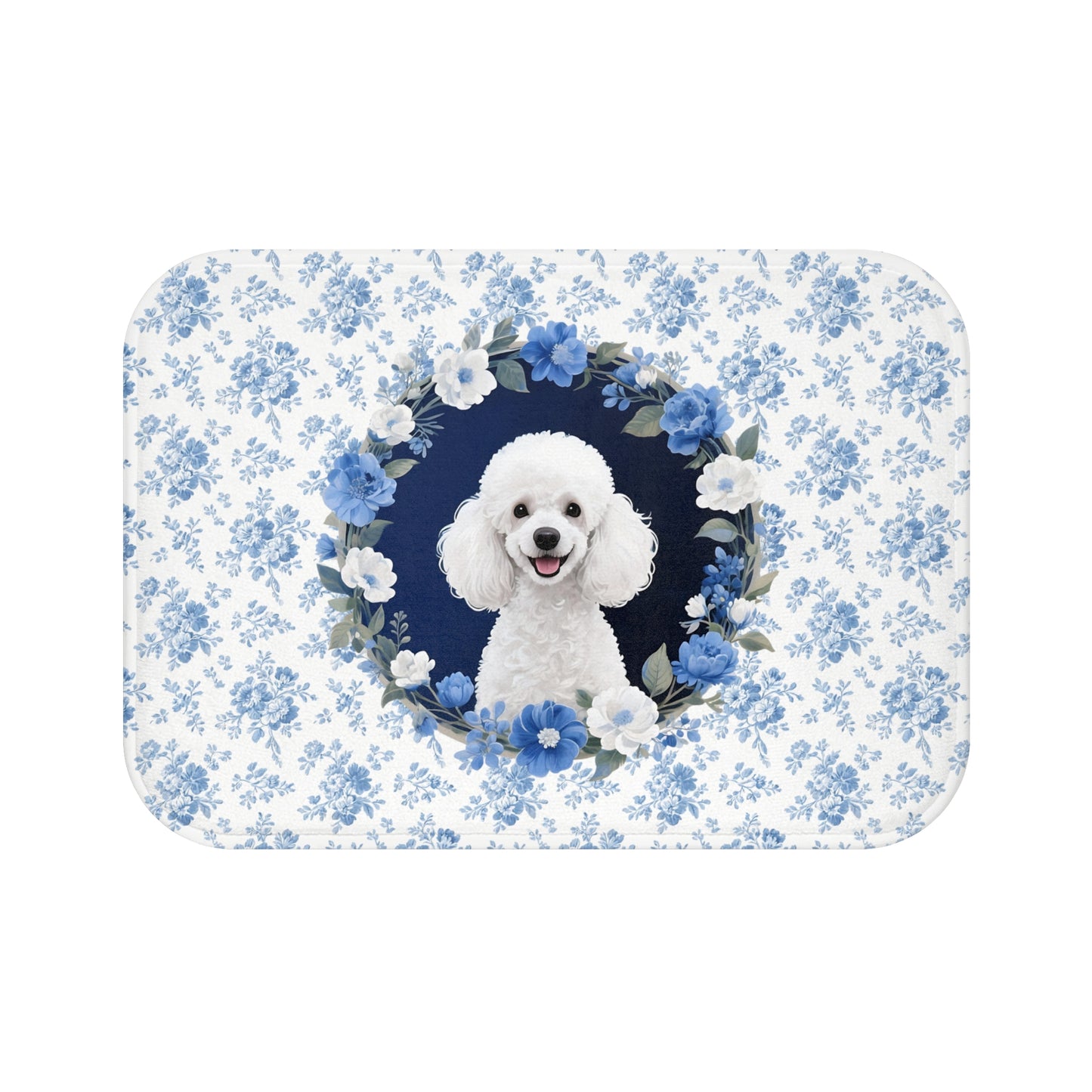 Blue Floral Poodle Bath Mat – Cute Poodle Dog Bathroom Rug