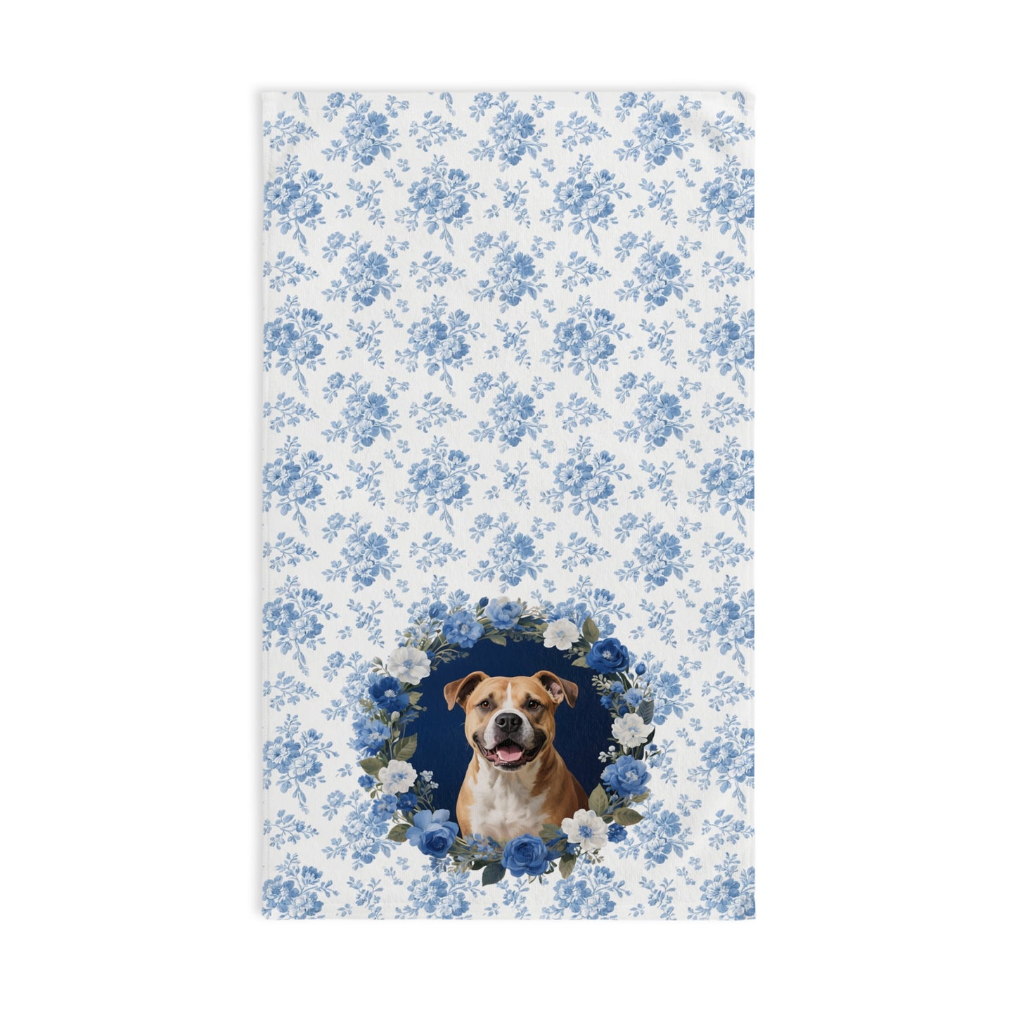 Blue Floral Pitbull Dog Portrait Hand Towel – Cute Pet Bathroom Accessory