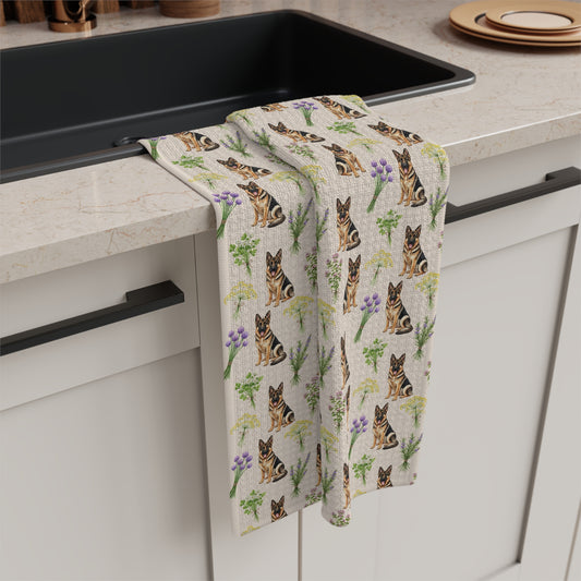 German Shepherd Dog & Herbs Tea Towel - Floral Dog Kitchen Towel