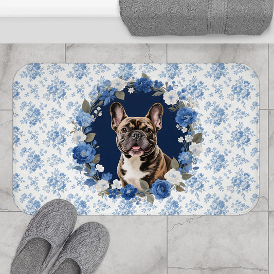 Blue Floral Frenchie Bath Mat – Cute Brindle French Bulldog Bathroom Rug