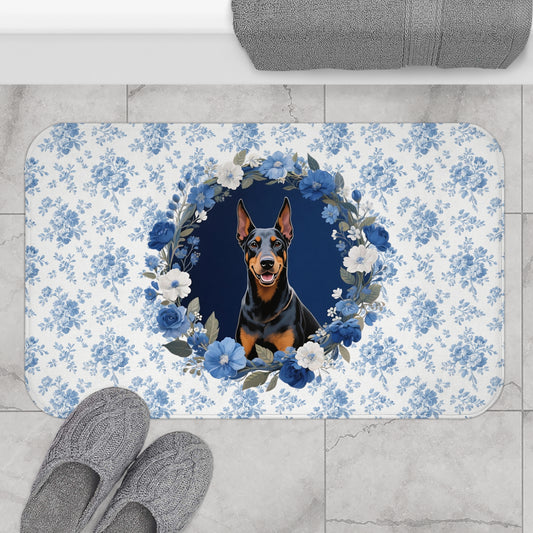 Blue Floral Dobie Bath Mat – Cute Doberman Pinscher Dog Bathroom Rug