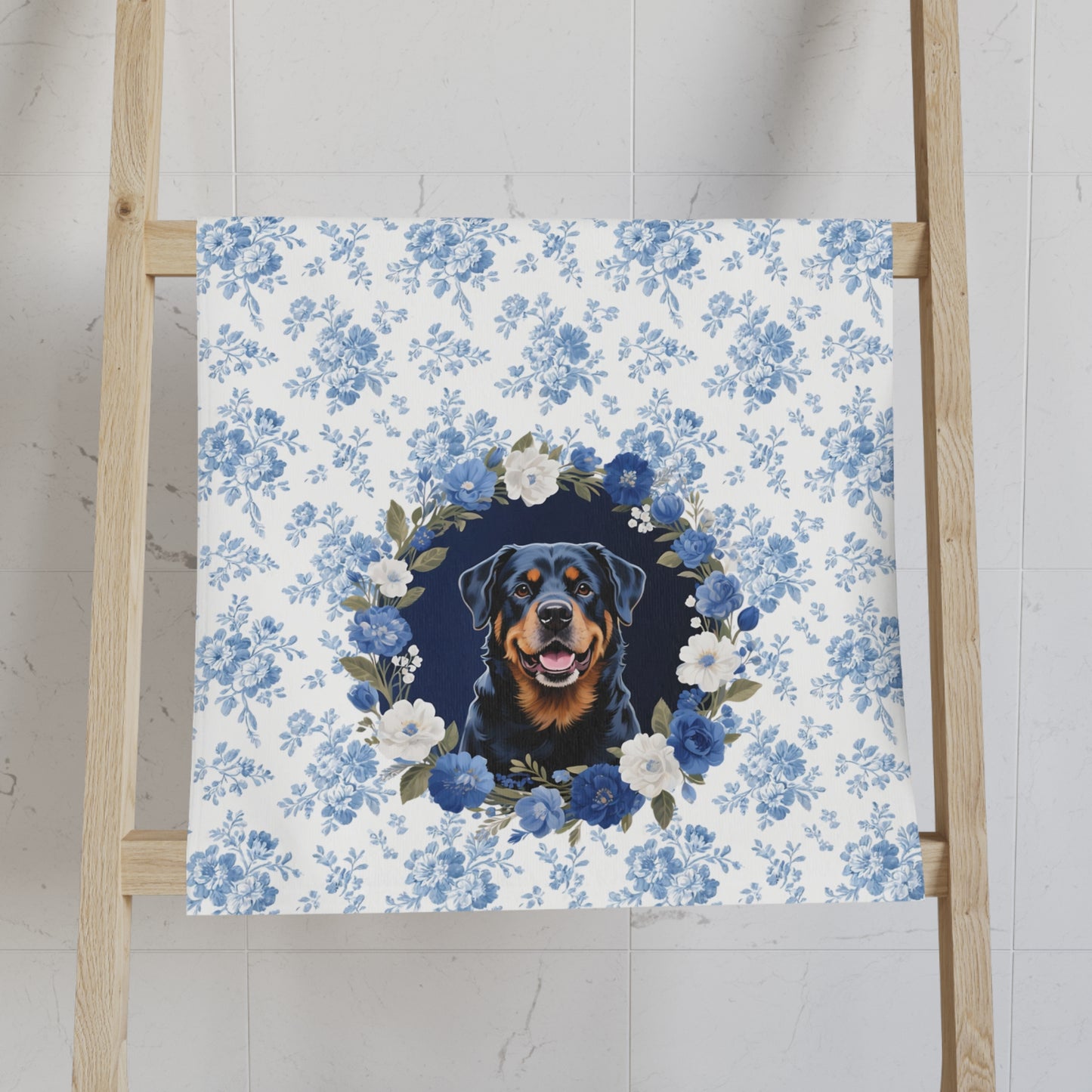 Blue Floral Rottweiler Dog Portrait Hand Towel – Cute Pet Bathroom Accessory