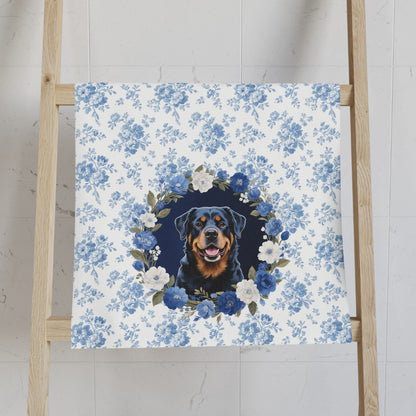 Blue Floral Rottweiler Dog Portrait Hand Towel – Cute Pet Bathroom Accessory