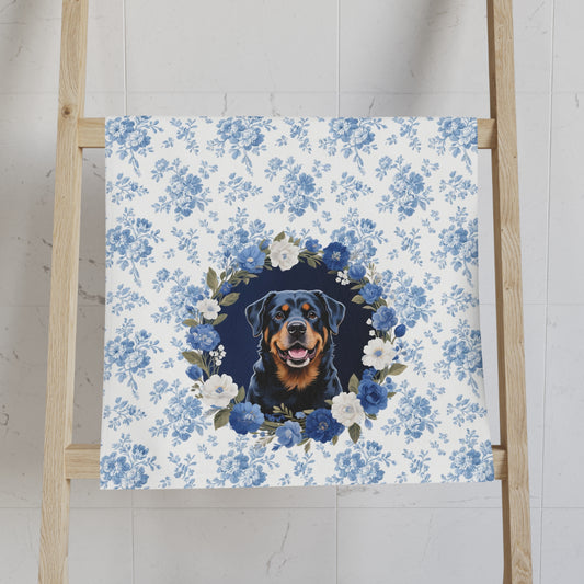 Blue Floral Rottweiler Dog Portrait Hand Towel – Cute Pet Bathroom Accessory