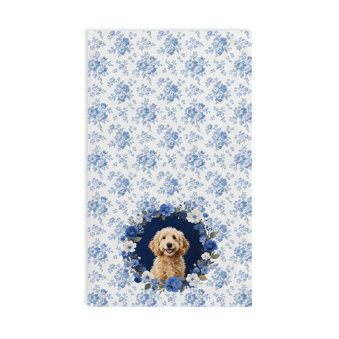 Blue Floral Goldendoodle Dog Portrait Hand Towel – Cute Pet Bathroom Accessory